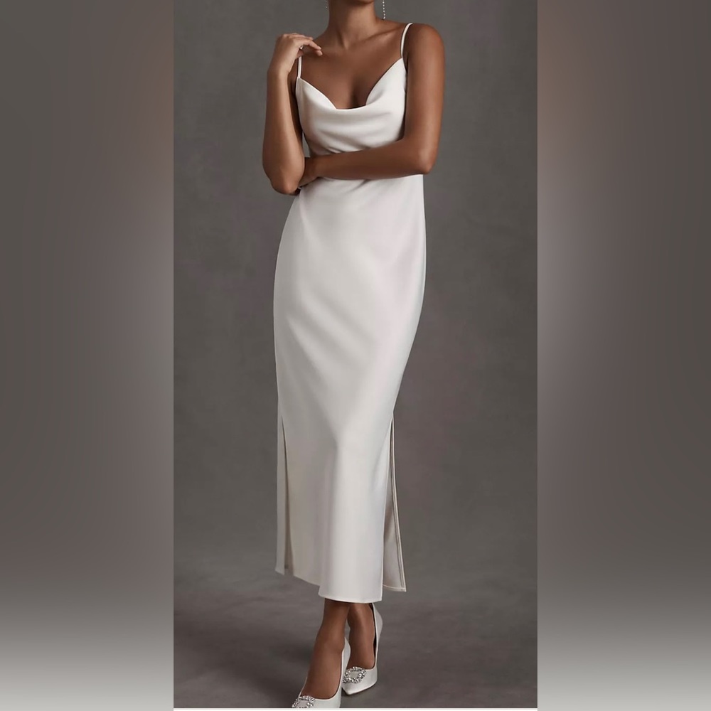 BHLDN Cali Satin Cowl-Neck MIDI Slip Dress, Size 6, Color Ivory